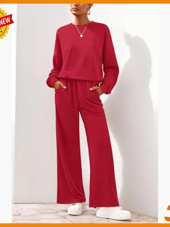 Loose Fit Sweatsuit Set, Crewneck Sweatshirt & Wide Leg Sweatpants, 2 Piece - Picture 2 of 7